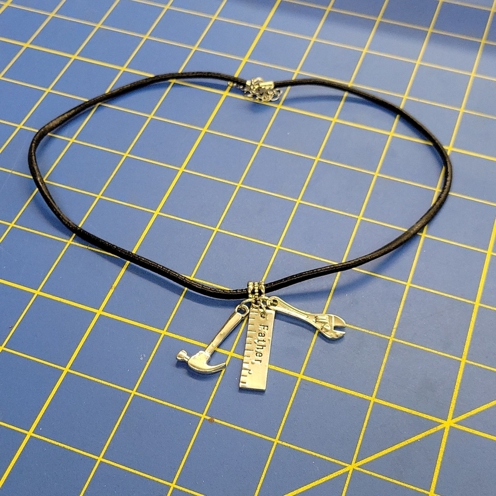 Black Pleather Hammer Ruler Wrench Silver Tone 18" Necklace